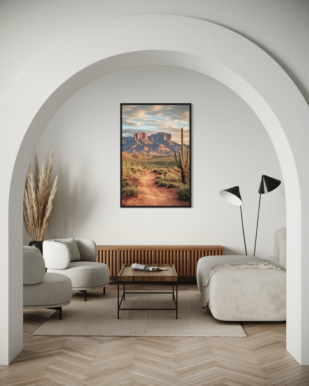 Arizona Desert Painting With Saguaro Cactus Vertical Framed Canvas Wall Art