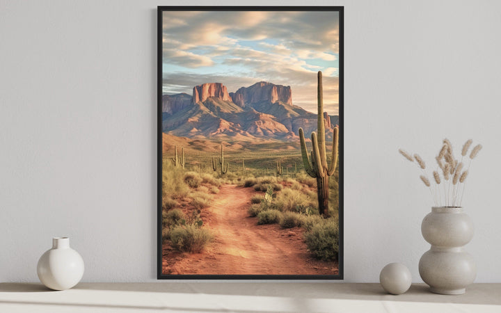 Arizona Desert Painting With Saguaro Cactus Vertical Framed Canvas Wall Art