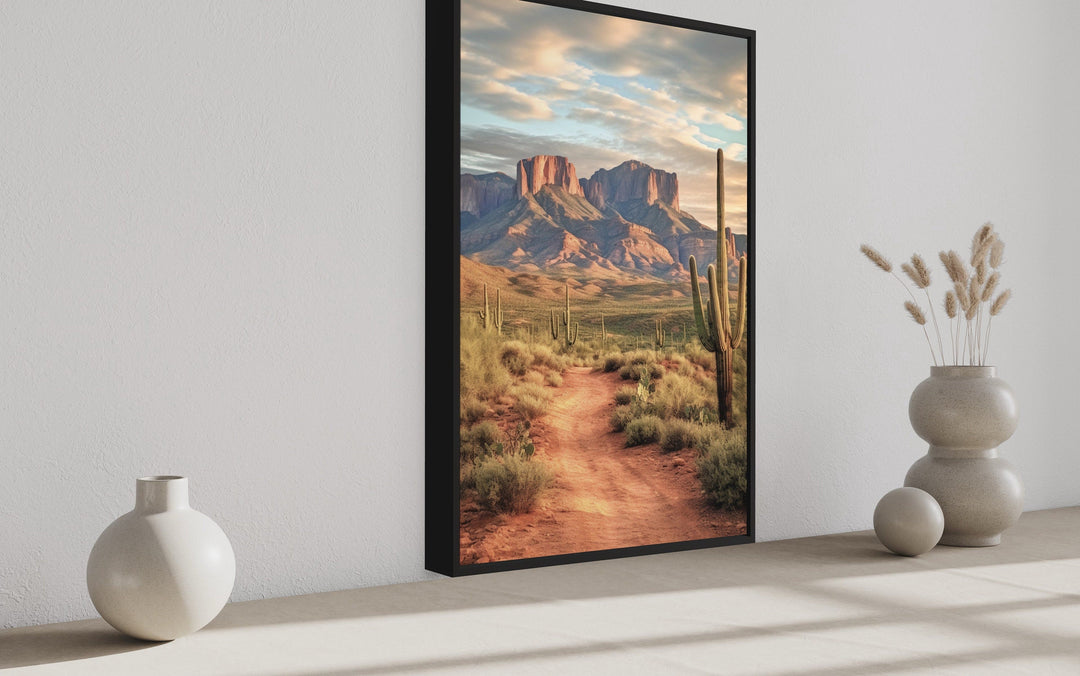 Arizona Desert Painting With Saguaro Cactus Vertical Framed Canvas Wall Art