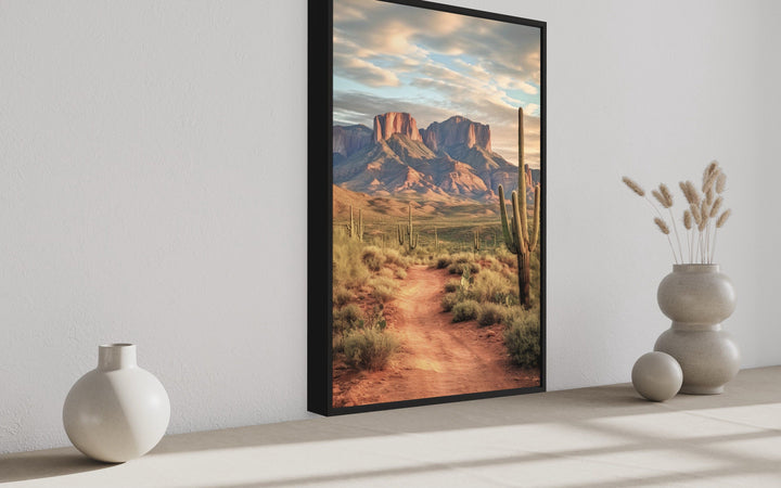 Arizona Desert Painting With Saguaro Cactus Vertical Framed Canvas Wall Art