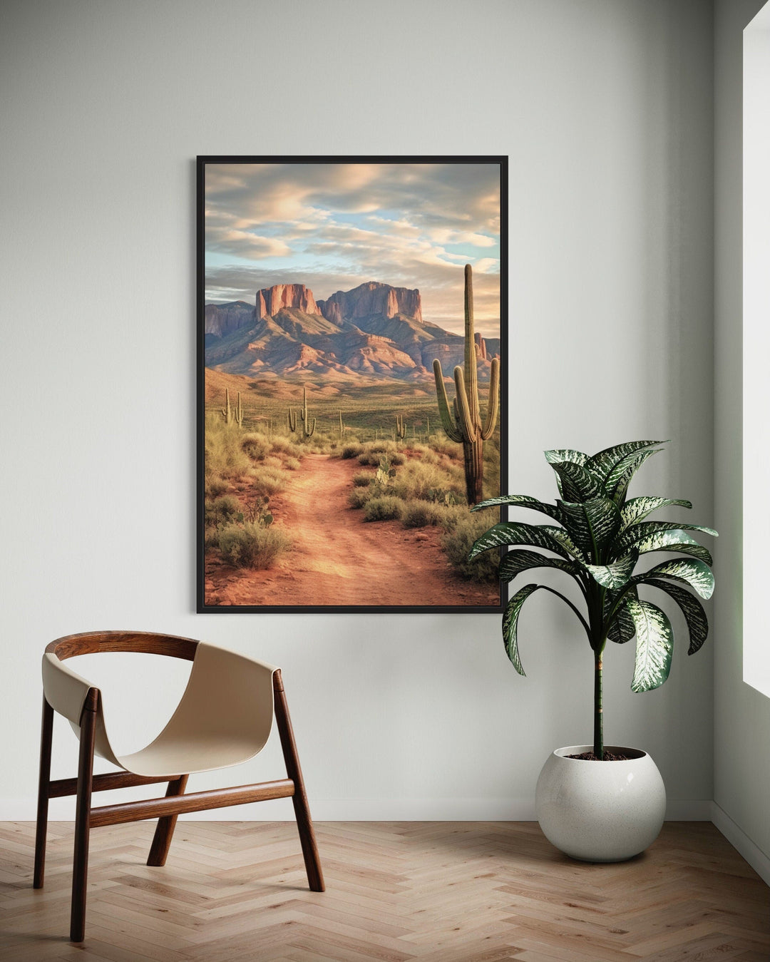 Arizona Desert Painting With Saguaro Cactus Vertical Wall Art