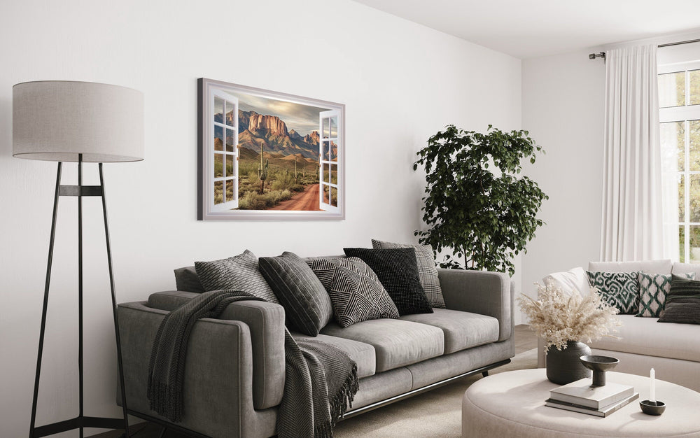 Arizona Desert View From Open Window Wall Art above grey couch