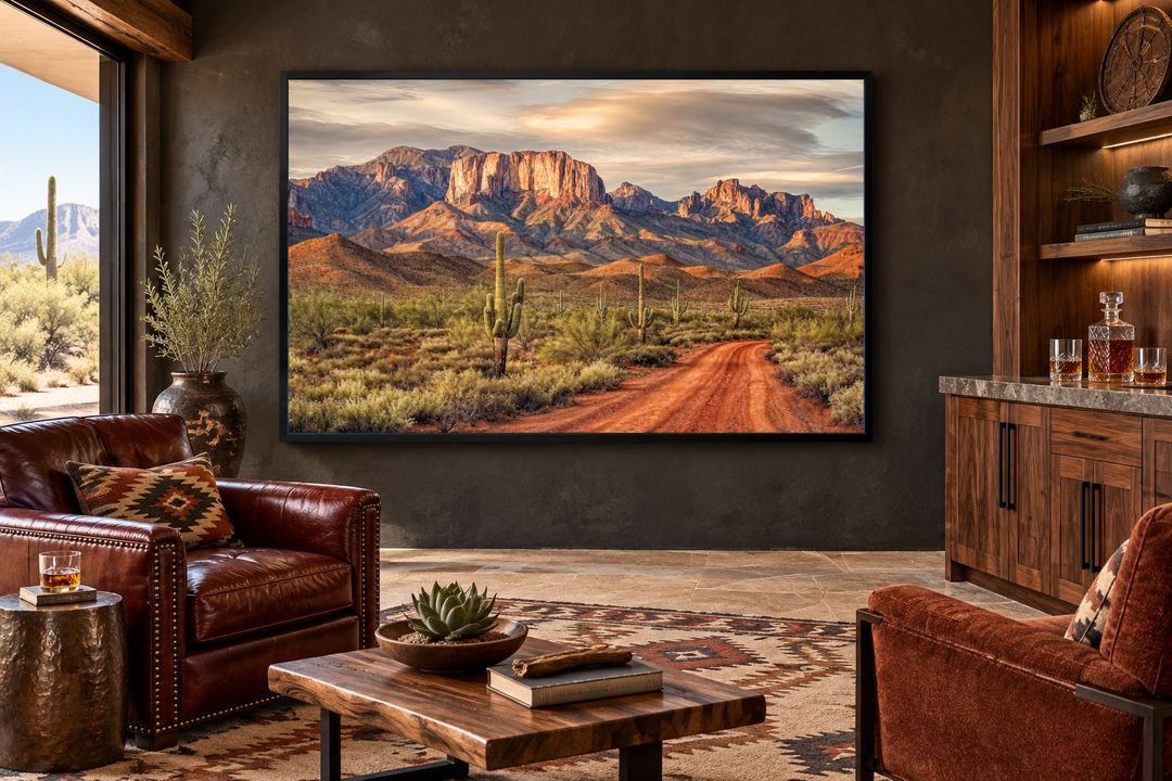 Arizona desert landscape framed canvas wall art featuring Four Peaks and saguaro cacti.