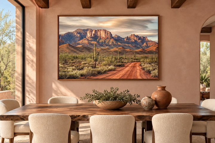 Arizona desert landscape framed canvas wall art featuring Four Peaks and saguaro cacti.