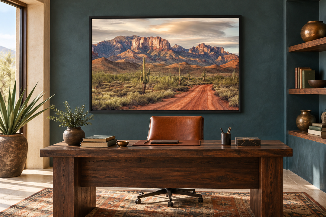 Framed canvas wall art of Arizona's Four Peaks and saguaro cacti in a desert landscape.