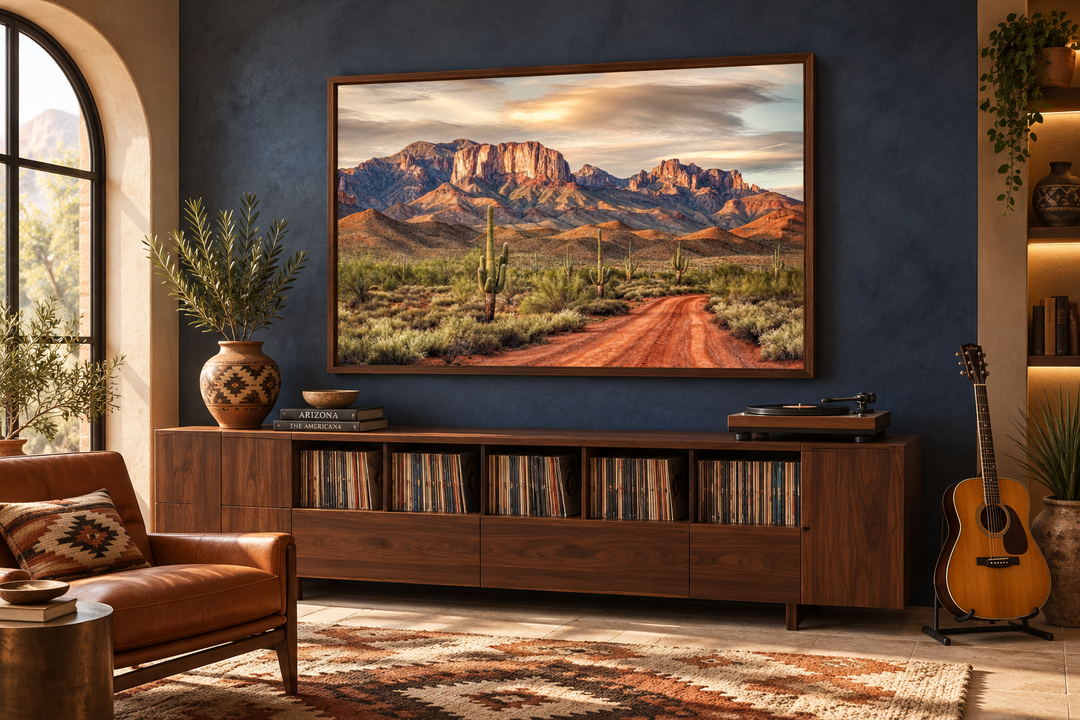 Arizona Desert Landscape The Four Peaks with Saguaro Cactus framed canvas wall art in a music room.