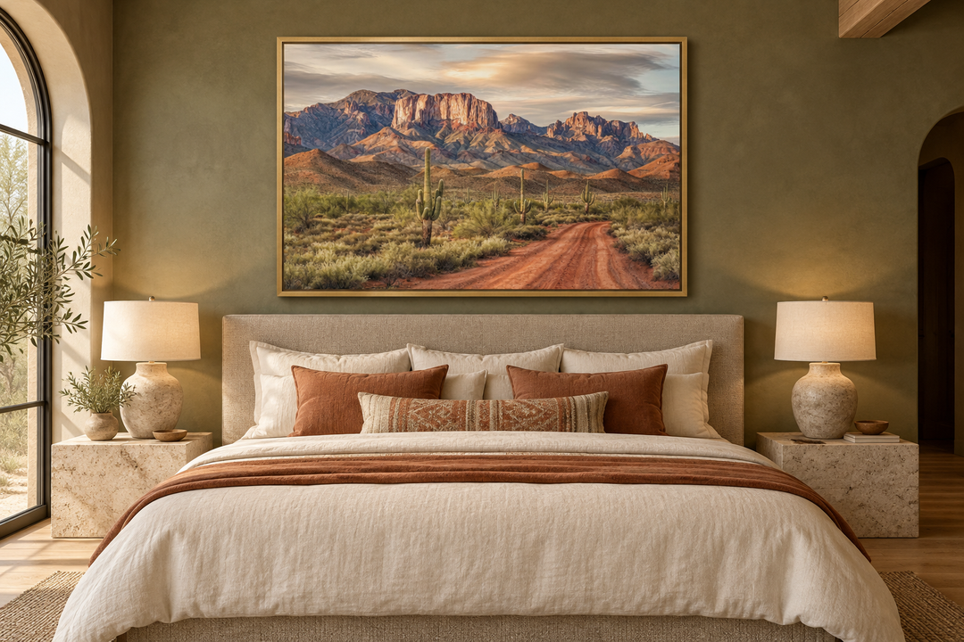 Arizona Desert Landscape Four Peaks with Saguaro Cactus framed canvas art above a bed.