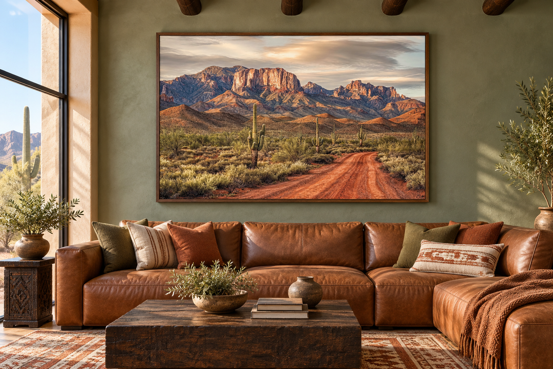 Arizona Desert Landscape The Four Peaks With Saguaro Cactus Framed Canvas Wall Art in a living room.