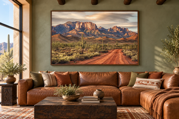 Arizona Desert Landscape The Four Peaks With Saguaro Cactus Framed Canvas Wall Art in a living room.