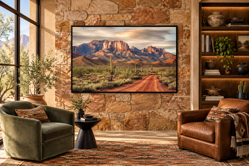 Arizona Desert Landscape The Four Peaks With Saguaro Cactus Framed Canvas Wall Art in a living room.