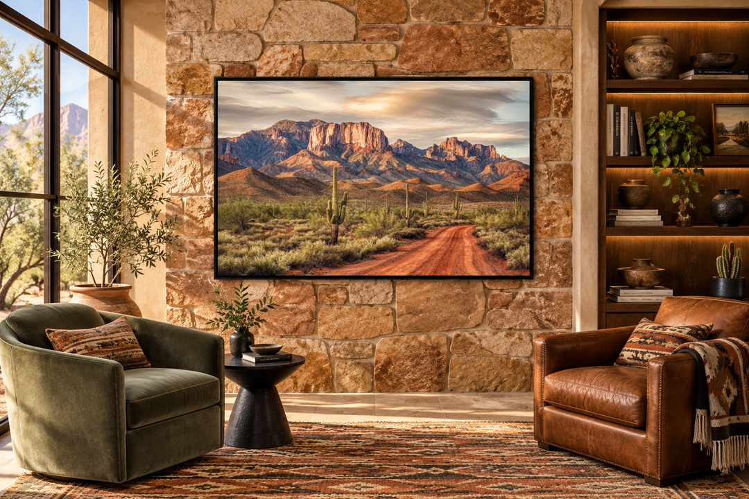 Arizona Desert Landscape The Four Peaks With Saguaro Cactus Framed Canvas Wall Art in a living room.