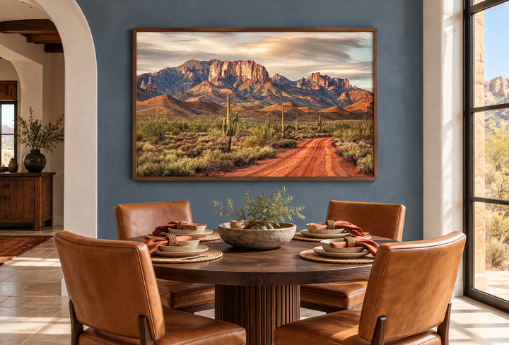 Arizona Desert Landscape The Four Peaks With Saguaro Cactus Framed Canvas Wall Art in a dining room.