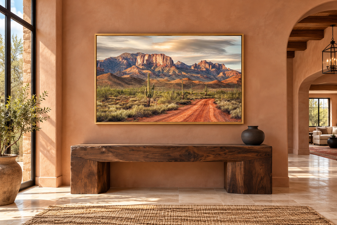 Arizona desert landscape canvas wall art featuring Four Peaks and saguaro cacti in a gold frame.