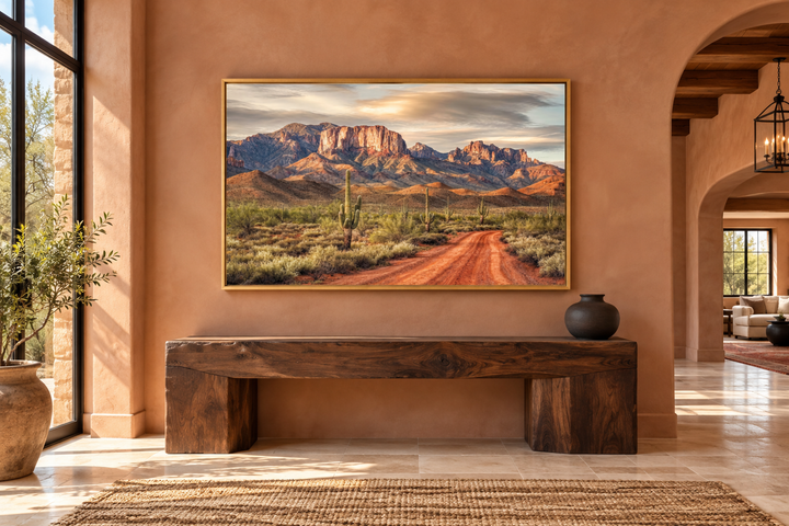 Arizona desert landscape canvas wall art featuring Four Peaks and saguaro cacti in a gold frame.