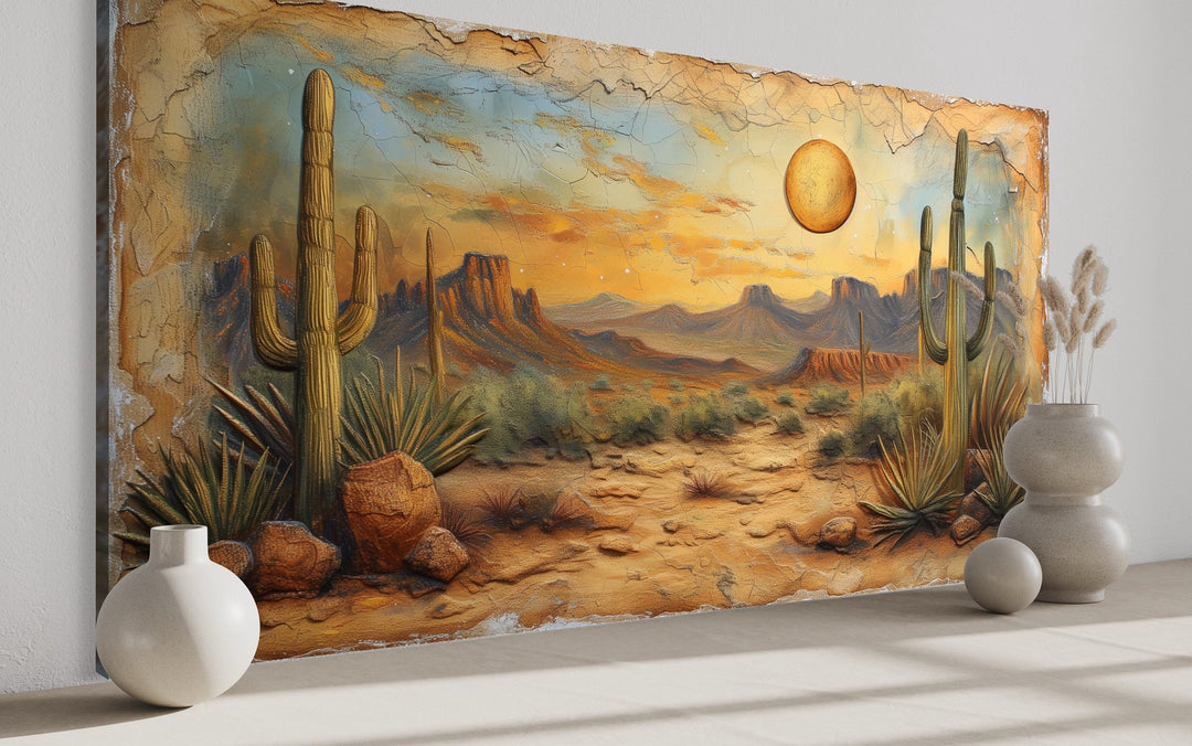 Arizona Desert With Cacti Vintage Rustic Canvas Wall Art