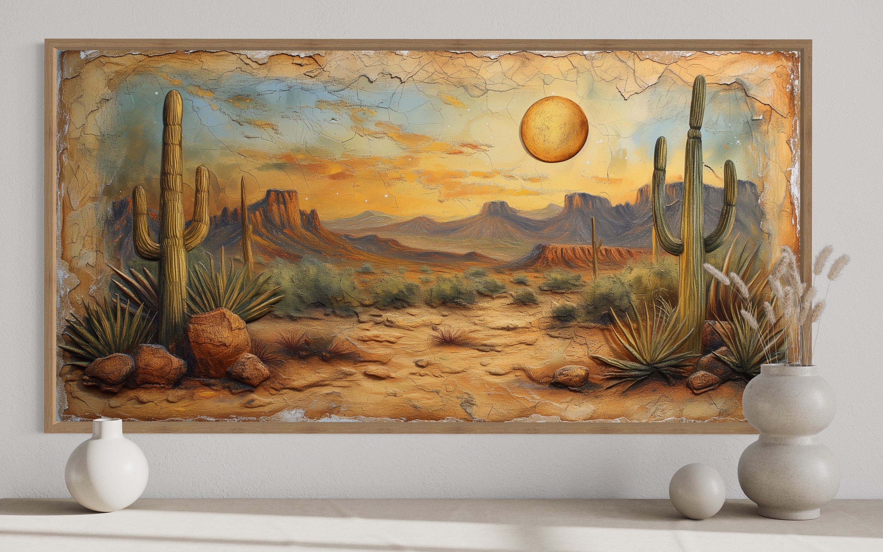 -Texture Art／50×40cm テクスチャー N.キャンバスボードd Arizona Desert Cacti Canvas Art | Rustic Southwest Wall Decor