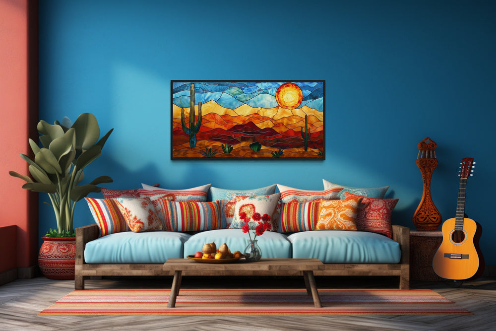 Arizona Desert With Saguaro Cactus Stained Glass Style Canvas Wall Art above blue couch