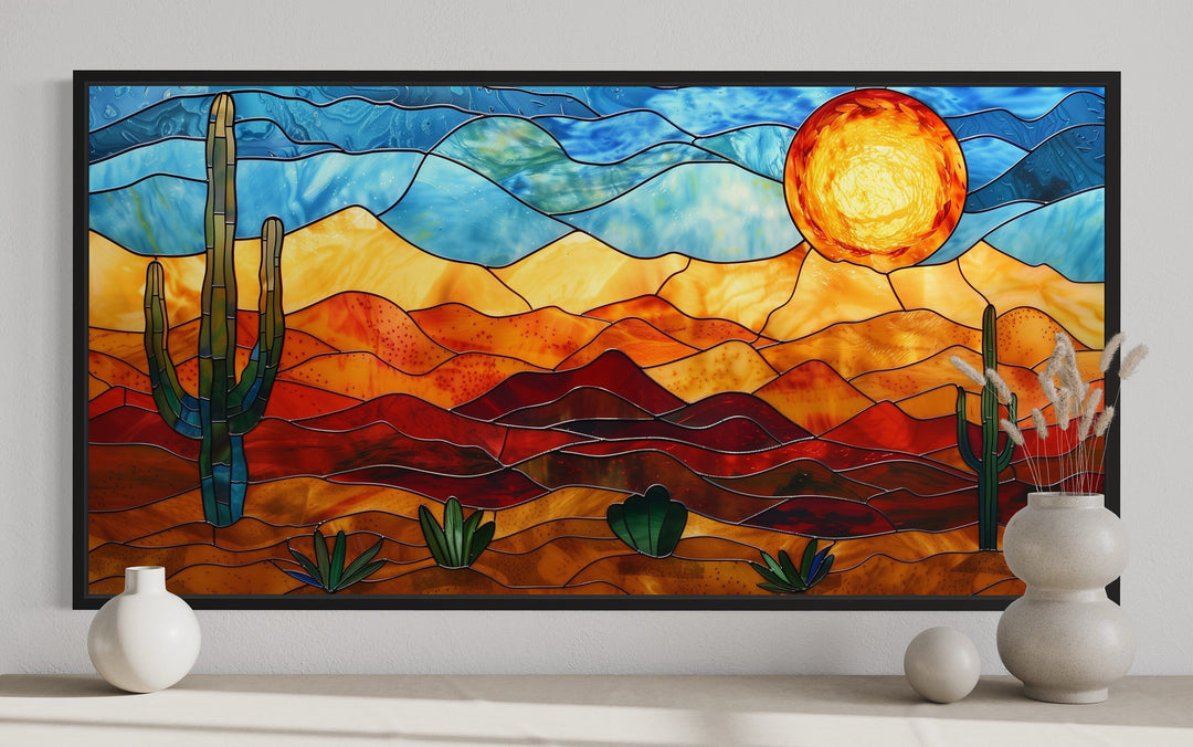 Arizona Desert With Saguaro Cactus Stained Glass Style Framed Canvas Wall Art