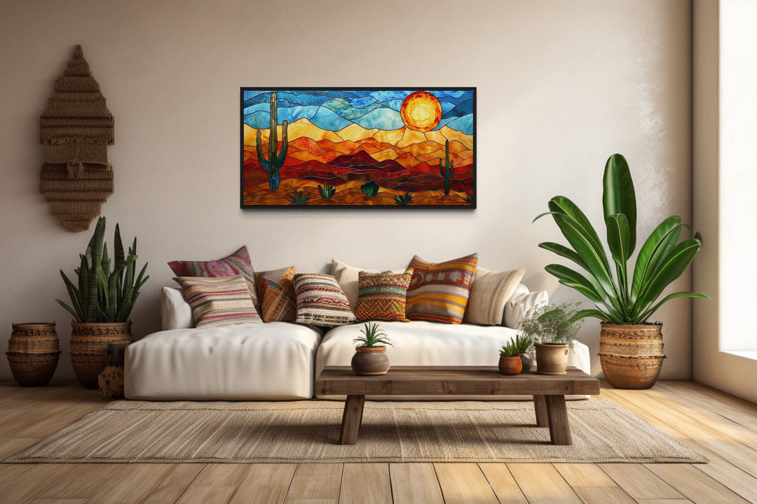 Arizona Desert With Saguaro Cactus Stained Glass Style Framed Canvas Wall Art