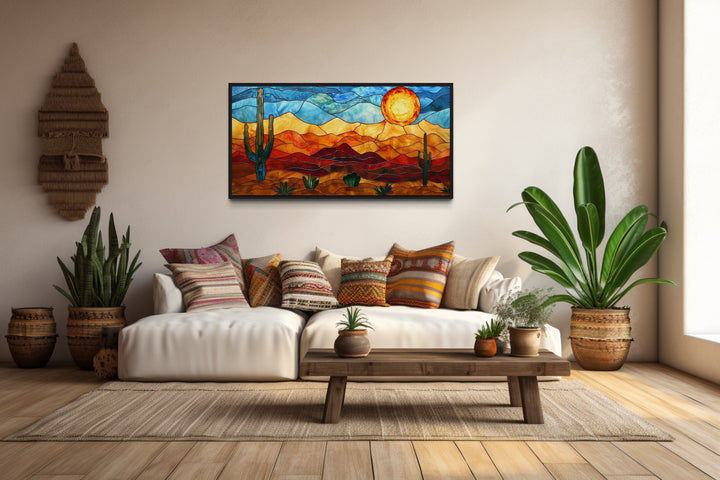 Arizona Desert With Saguaro Cactus Stained Glass Style Framed Canvas Wall Art