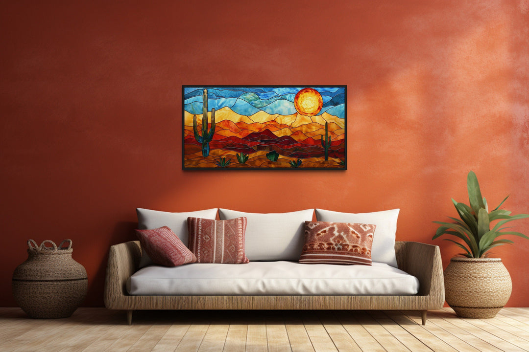 Arizona Desert With Saguaro Cactus Stained Glass Style Framed Canvas Wall Art