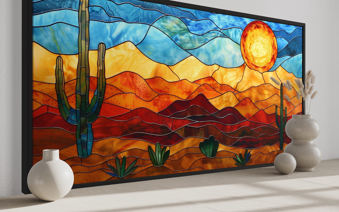 Arizona Desert With Saguaro Cactus Stained Glass Style Framed Canvas Wall Art