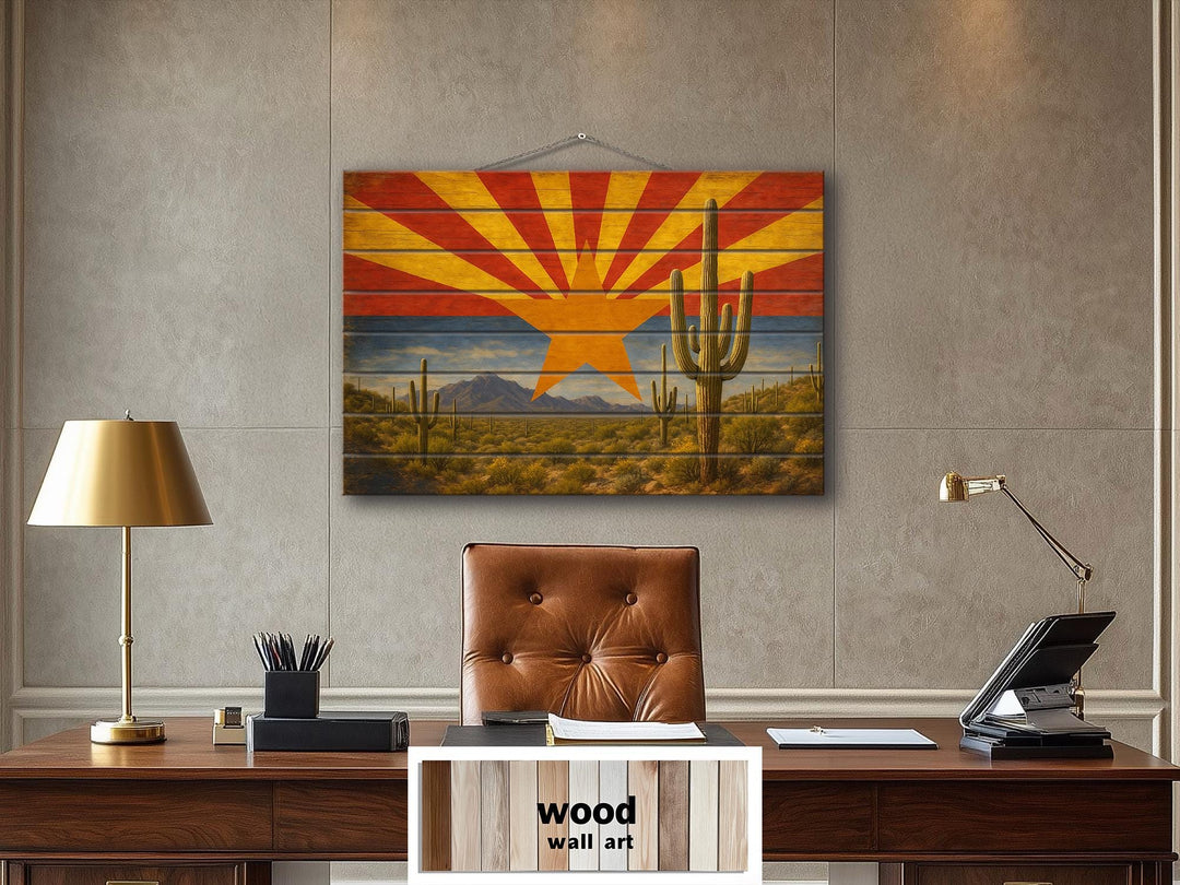Arizona Flag and Desert Mashup Distressed Wood Wall Art