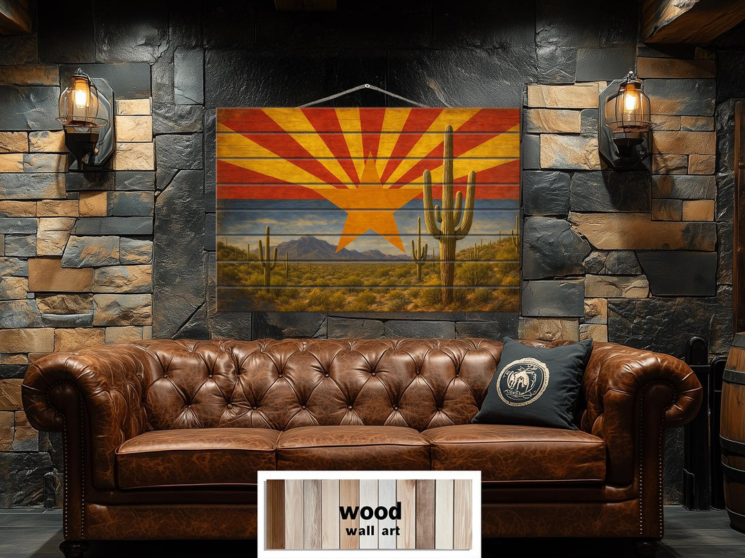 Arizona Flag and Desert Mashup Distressed Wood Wall Art