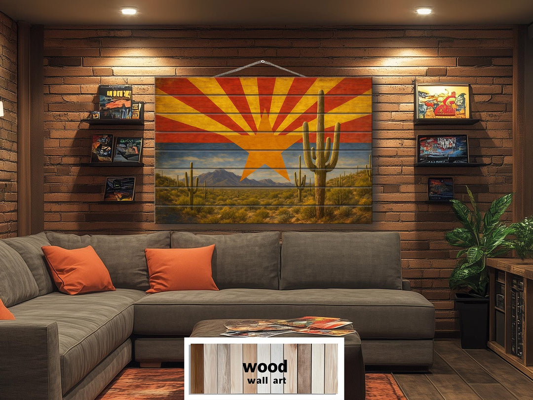 Arizona Flag and Desert Mashup Distressed Wood Wall Art