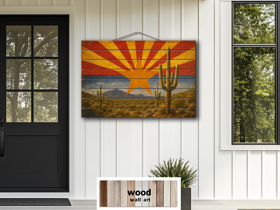 Arizona Flag and Desert Mashup Distressed Wood Wall Art