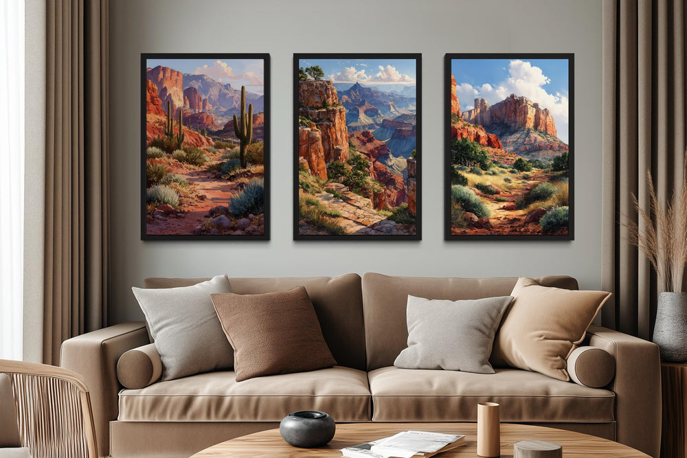 Arizona Wall Art Set of 3, Grand Canyon, Sedona, Sonoran Desert Cactus Landscape