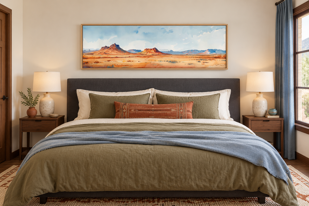 Arizona desert landscape minimalist horizontal framed canvas wall art hanging above a bed.
