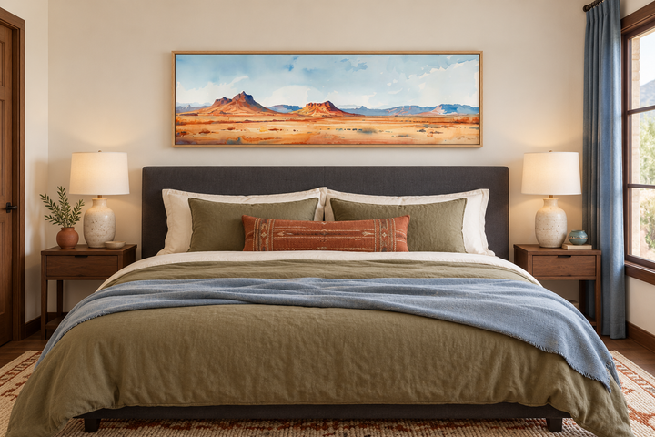 Arizona desert landscape minimalist horizontal framed canvas wall art hanging above a bed.