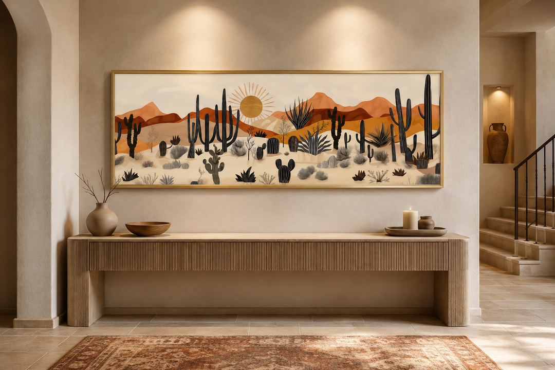 Arizona Desert mid-century modern cactus landscape horizontal canvas wall art in a neutral room.