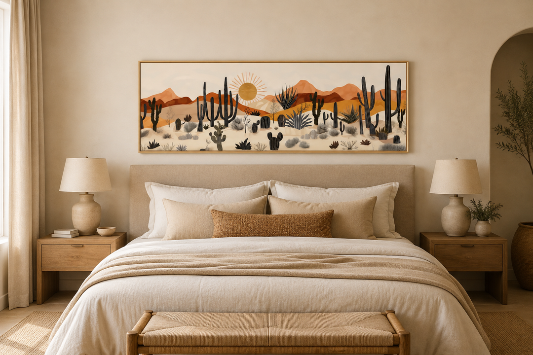 Arizona Desert mid-century modern cactus landscape horizontal canvas art above a bed.
