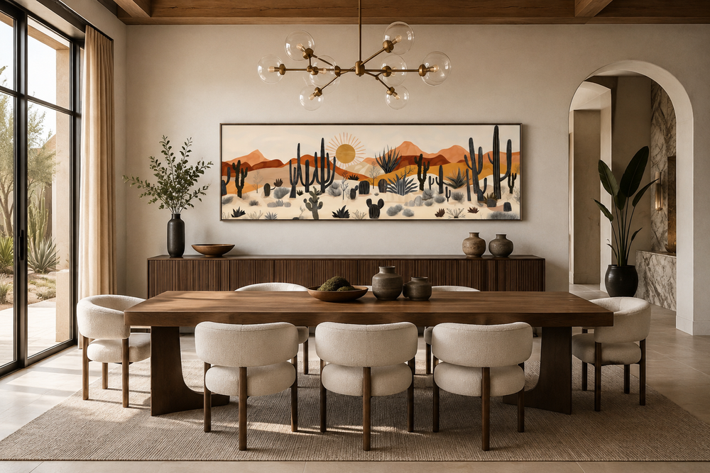 Arizona Desert mid-century modern cactus landscape horizontal canvas wall art in a dining room.