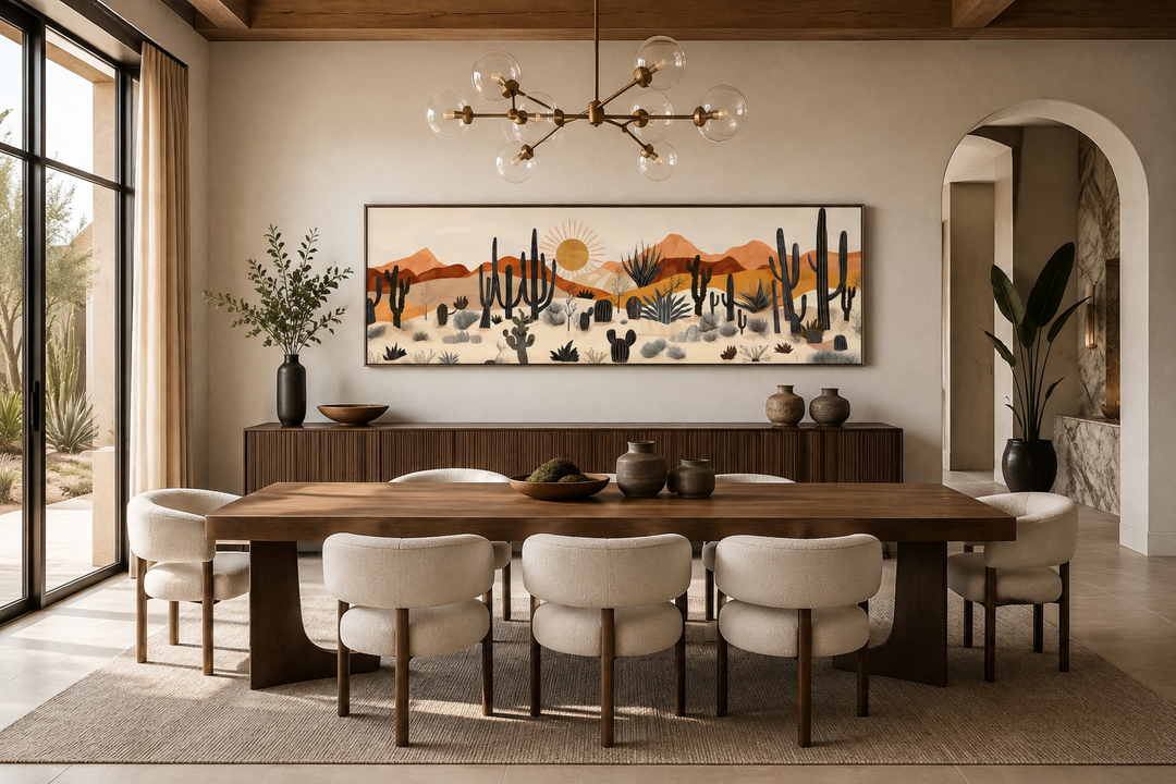 Arizona Desert mid-century modern cactus landscape horizontal canvas wall art in a dining room.