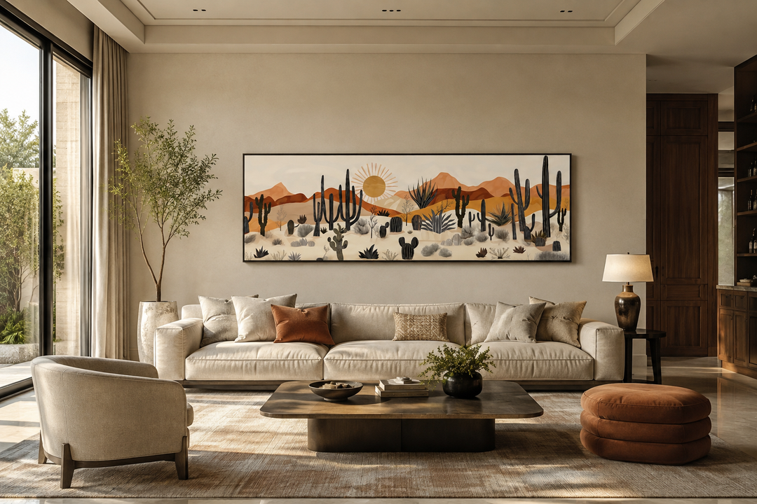 Arizona Desert mid-century modern cactus landscape horizontal canvas art above a living room sofa.