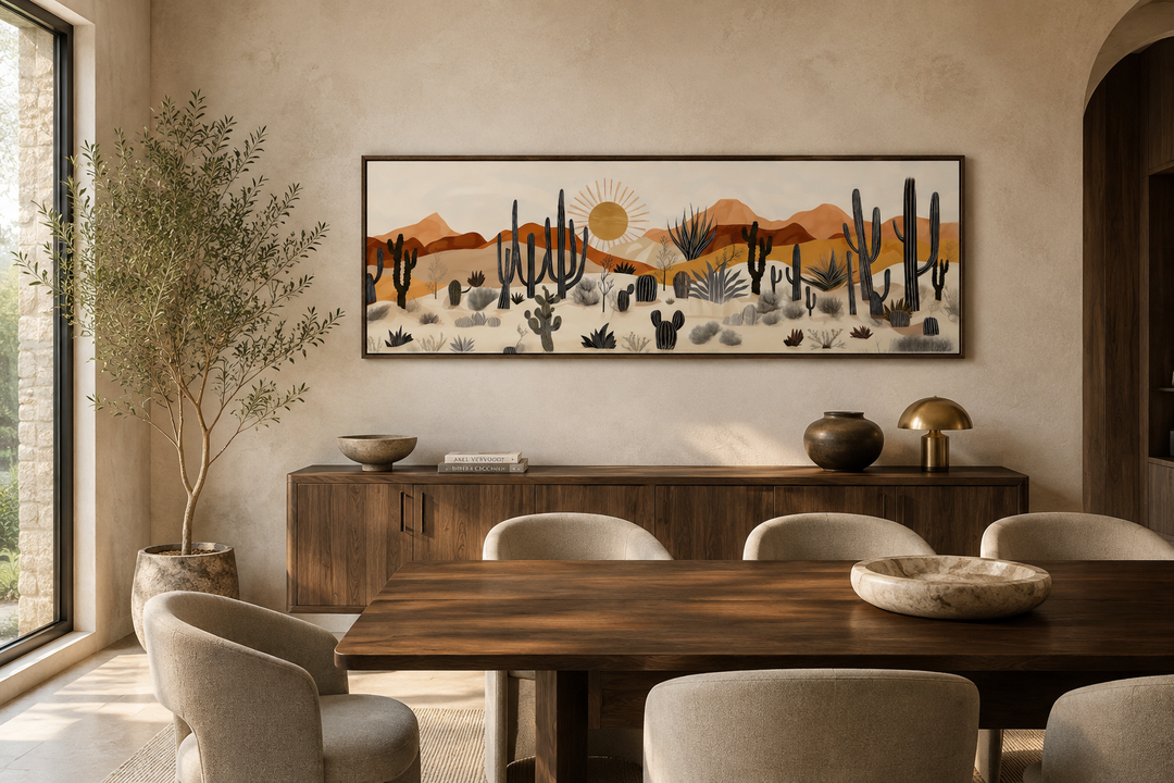 Arizona Desert Mid Century Modern Cactus Landscape Horizontal Canvas Wall Art in a dining room.