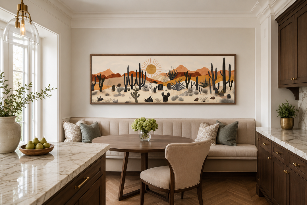 Arizona Desert mid-century modern cactus landscape horizontal canvas wall art in a dining nook.