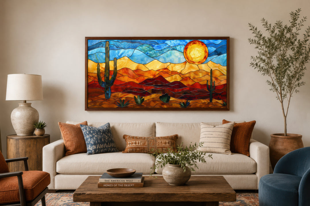 Southwestern desert landscape framed canvas wall art in a vibrant stained glass style.