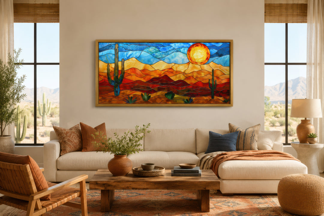Southwestern desert landscape framed canvas wall art in a vibrant stained glass style.