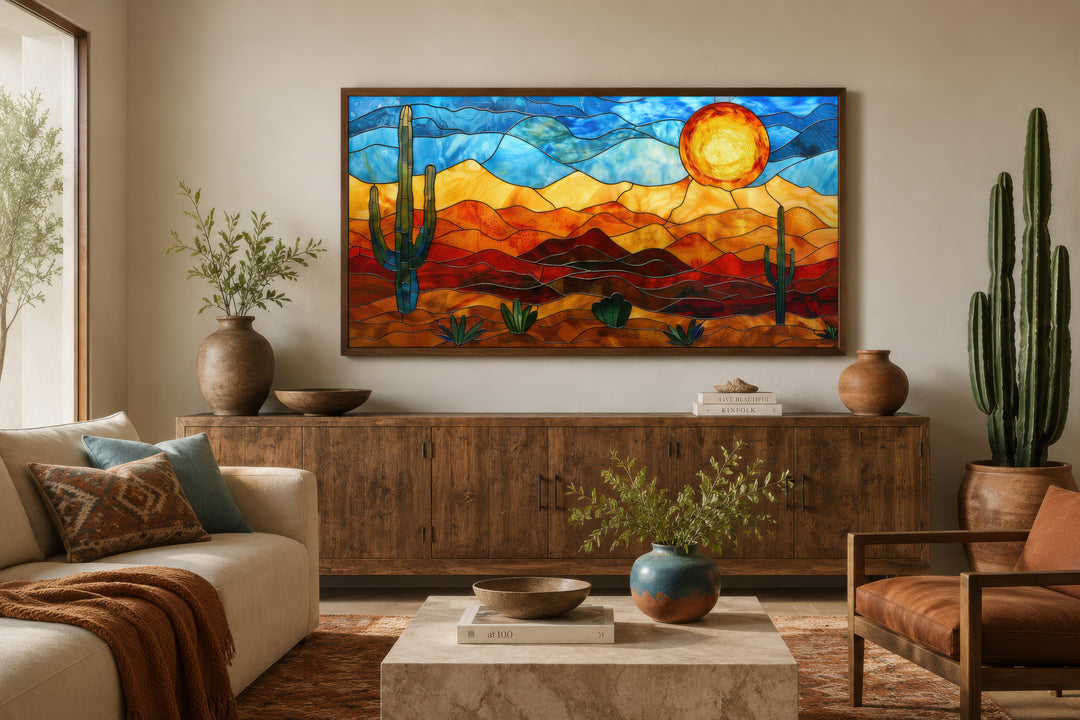 Southwestern desert landscape framed canvas wall art in a vibrant stained glass style.