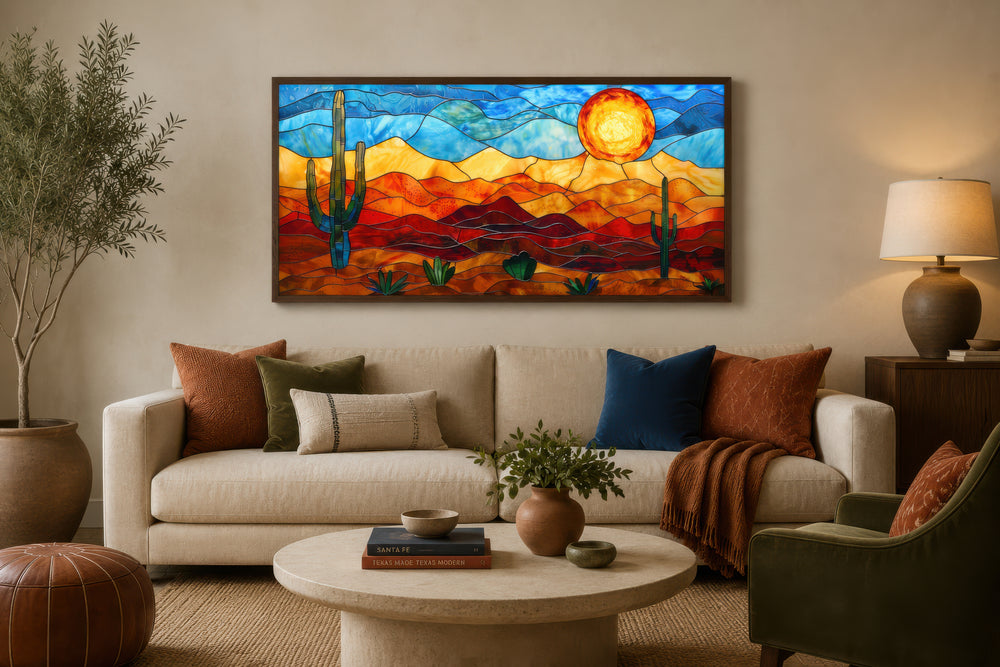 Framed horizontal canvas wall art of a desert landscape in a vibrant stained glass style.