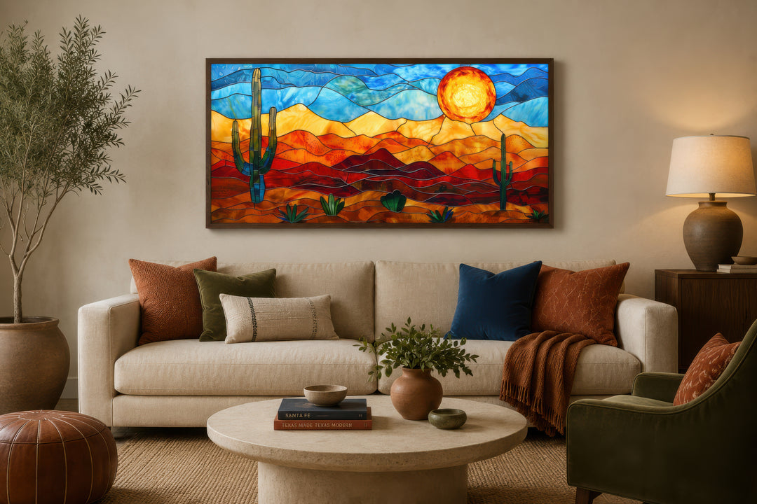 Framed horizontal canvas wall art of a desert landscape in a vibrant stained glass style.