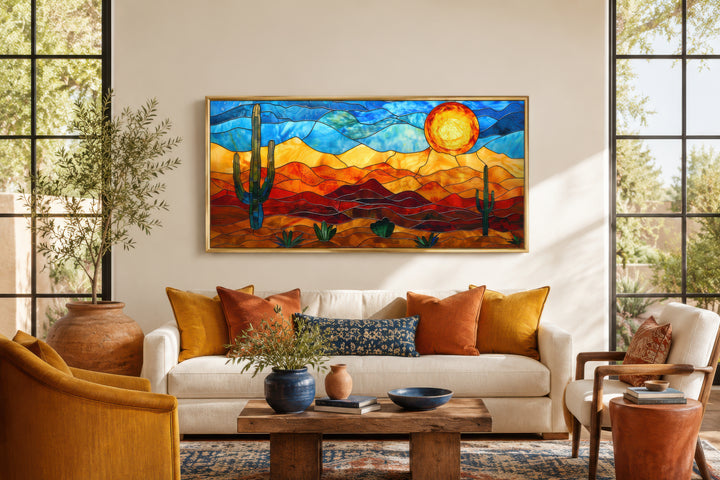 Southwestern desert landscape framed canvas wall art in a vibrant stained glass style.