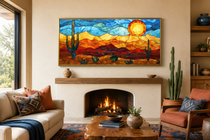 Southwestern desert landscape wall art in a stained glass style, framed above a fireplace.