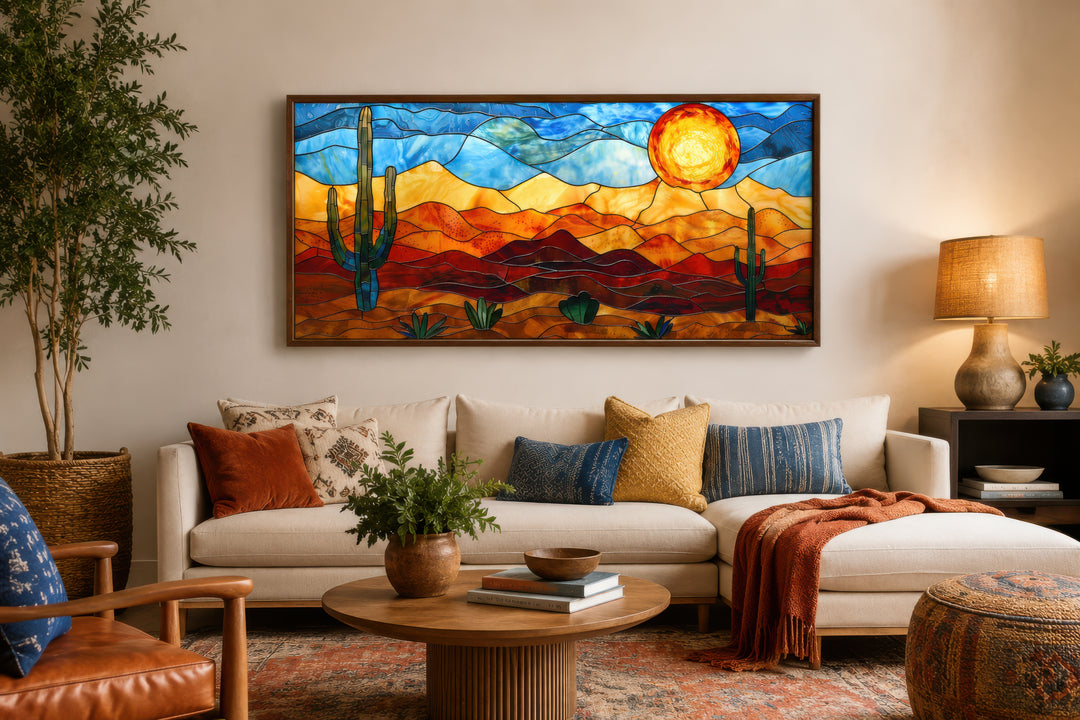 Southwestern desert landscape framed canvas wall art in a vibrant stained glass style.