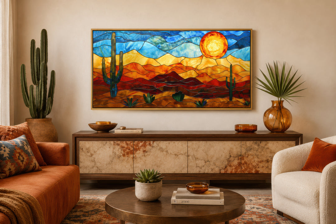 Southwestern desert landscape framed canvas wall art in a vibrant stained glass style.