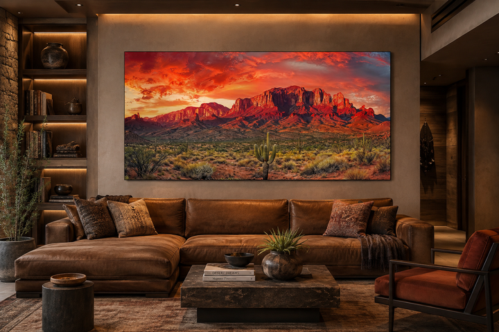 Arizona desert landscape at sunset framed canvas wall art above a brown leather sofa.